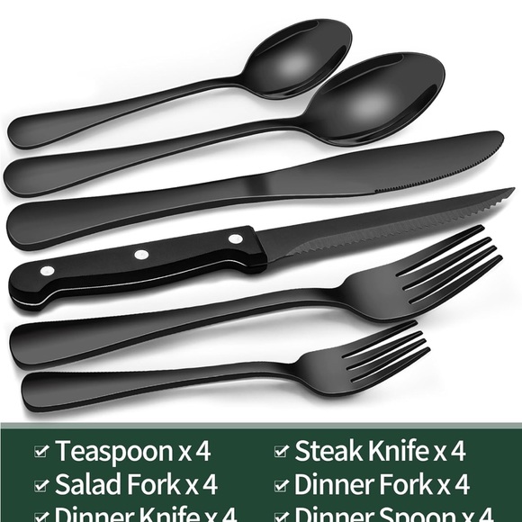 24-Piece Black Silverware Set with Steak Knives - Picture 3 of 4